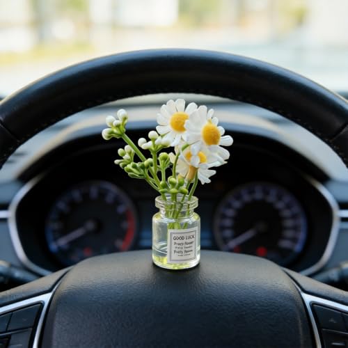 3-Pack Daisy Flower Car Decor, Cute Dashboard Mini Vase Set, for Rearview Mirror Cup Holder Desk Home Interior