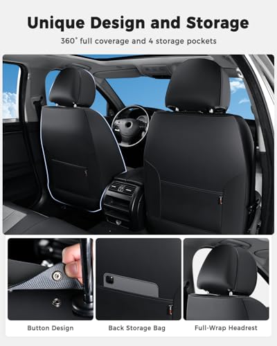 Huidasource Leather Car Seat Covers Full Set, Full Coverage Universal Fit for Most Cars SUVs Trucks, Easy Install with Velcro, Airbag Compatible, Retains Seat Functions & Cupholders, Black & Gray - color: FS: Black&Gray, size: Full Set