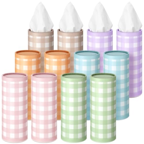 12 Pack Spring Tissue Boxes for Car Cylinder Bulk Colorful Plaid Round Cylinder Holder with 3 Ply Facial Tissues for Spring Easter Travel Bathroom Office Decoration Supplies - style: Colorful Plaid