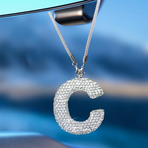 Bling Car Accessories for Women Letter Charm, Rear View Mirror Ornament Cute Hanging Crystal Pendant Girl Car Decorations, Lucky Diamond Rhinestone Girly Charm Interior (White C) - color: White C