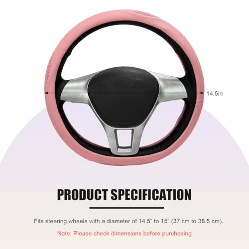 Car Steering Wheel Cover, Leather Breathable Ice Silk Auto Wheel Wrap with Anti-Slip Lining, Scratch-Resistant Elastic Protector Fit for 14.5-15 Inch Steering Wheels (Pink) - color: Pink