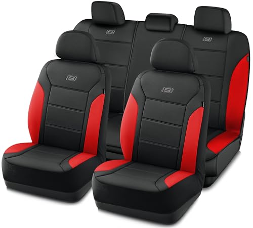 Skechers Memory Foam Car Seat Covers, Lycra Fabric Seat Covers &Thick Memory Foam, Car Seat Cover Full Sets, Airbag Compatible, Automotive Comfort Protection for Most Cars,Trucks, SUVs, Red - color: Black&Red, size: Full Set