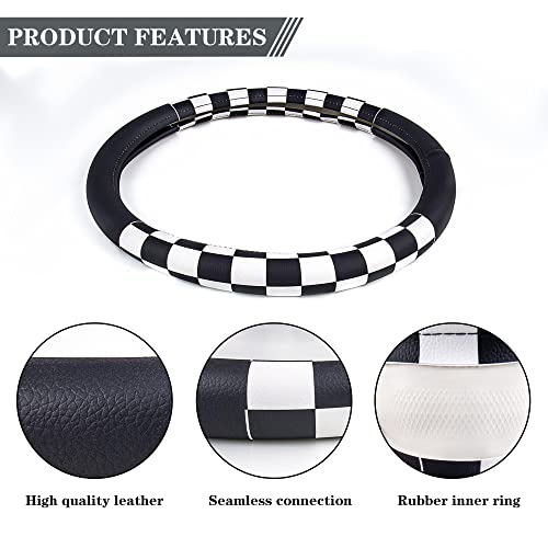 Lattice Leather Steering Wheel Cover, Black and White Checker Car Accessories, Non-Slip and Comfortable Unisex Universal Steering Wheel Cover 15 inch for Women Men (Black and White Checker)