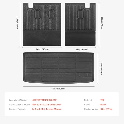 VEVOR Cargo Mats Compatible with 2016-2022 & 2023-2024 Honda Pilot, Custom Fit TPE Cargo Liner Set for SUVs, Trunk and Back Seat Protector Replacement, Black, Trunk Mat and Backrest Mats - style: Honda Pilot 2016-2024