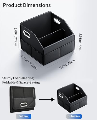 Car Storage Basket, Foldable with Removable Dividers, PU Leather Seat Organizer with Metal Handle, Non-Slip Stable Design, Passenger Front Seat Storage for Back Seat & Floor, 12.6 Inches