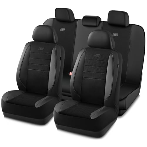 Skechers Air-Cooled Memory Foam Seat Covers,Mesh Thick Car Seat Covers,Piping Leather Car Seat Cover,Airbag Compatible,Automotive Comfort for Most Cars, Vans, Trucks, SUV(Black, Full Set)