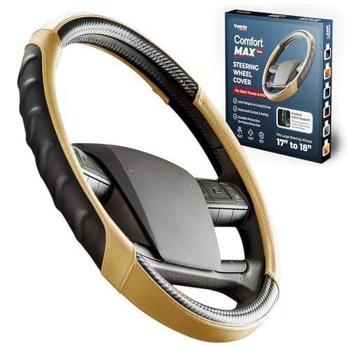 18 Inch Semi Truck Steering Wheel Cover for Freightliner Cascadia, Kenworth T680 T880, Peterbilt 579 & Volvo VNL – Heavy Duty Anti-Slip Leather Grip for Big Rig Class 8 Trucks – Brown - color: Tan