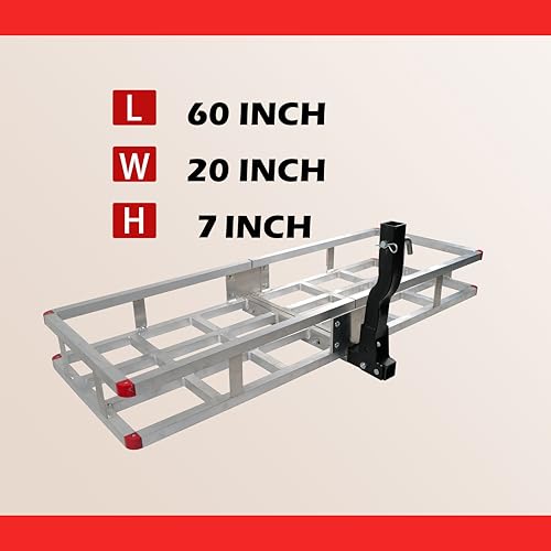 Aluminum Hitch Cargo Carrier 500 lbs Capacity - Folding Luggage Rack for SUV, Car, Truck - Fits 2" Receiver with Powder Coated Angled Shank - 60 x 20 x7 Rustproof Hitch Mount Cargo Basket - color: Aluminum 60x20x7 inch