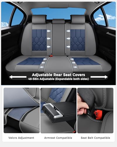 Huidasource Seat Covers Full Set, Universal Fit for Most Cars SUVs Trucks, Full Coverage Leather Seat Cover, Airbag, Cupholder Compatible, Seat Function Retain, Easy Install with Velcro, Gray&Blue - color: FS: Gray&Blue, size: Full Set