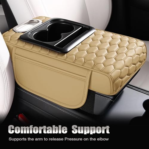Priprilod Beige Car Center Console Armrest Pillow, Memory Foam with Cup Holder and Cell Phone Holder, Multifunctional Car Center Console Organizer, Universal Fit for Most Vehicles - color: Beige Tan