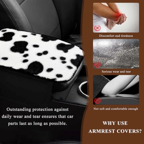 Cow Print Car Armrest Pad Cover, Cute Cow Print Anti-Slip Plush Arm Rest Box Protector for Winter Warm, Soft Fluffy Comfortable Grip Printed Center Console Mat for Women Girls - color: Armrest Pad Cover