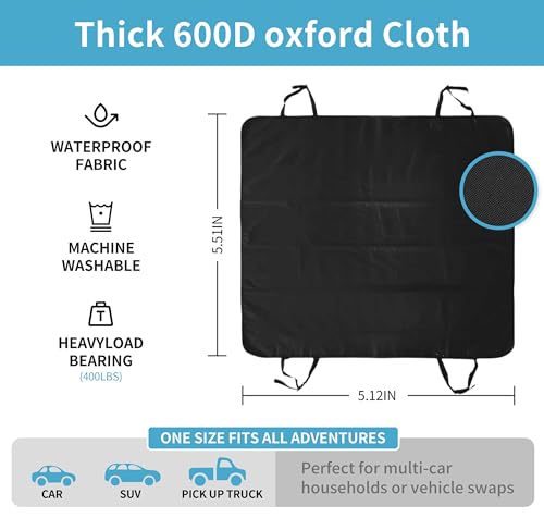 Dog Car Seat Cover for Pets - 100% Waterproof 600D Oxford Heavy Duty Hammock Style Scratch Proof Non Slip Back Seat Protector with Side Flaps, Fits Cars Trucks SUVs, Black