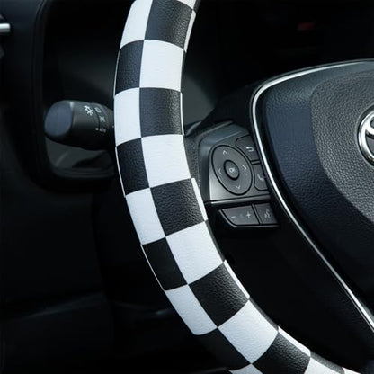 Black and White Race Checkered Steering Wheel Cover Auto Leather Steering Wheel Protector, Anti-Slip, Breathable, Absorbing Sweat, Universal Car Accessories 14.5–15 inch,Fit for Most Car, Trucks, SUV - style: Black and White Race Checkered