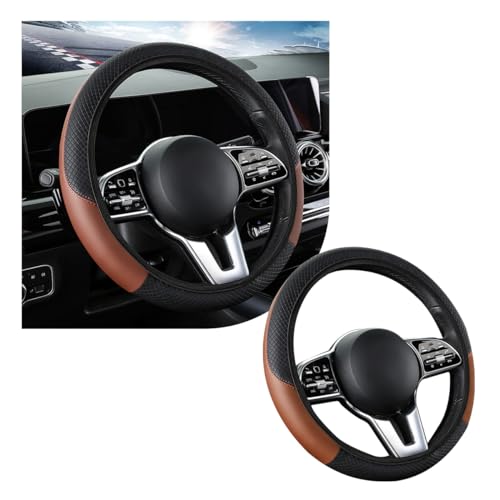 povtii Car Steering Wheel Cover, 15 Inch Leather Breathable Auto Steering Wheel Protector, Comfortable Non-Slip Vehicle Steering Wheel Covers, Universal Interior Car Accessories (Black+Coffee, AD) - color: Black+Coffee, AD