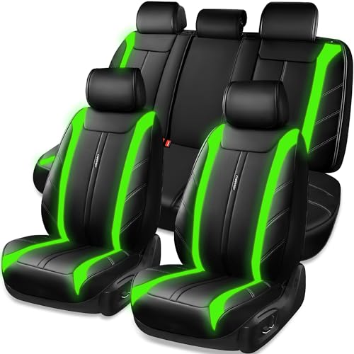CAR PASS Luxury Faux Leather Seat Covers Full Set, Breathable Sporty Premium Leather Auto Seat Covers Waterproof Anti Slip Universal Fit for 95% Trucks SUV Sedans Van, Black and Fluorescent Green - color: Black and Green, size: Front and Rear