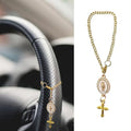 Steering Wheel Rosary Charm Accessory, Catholic Rosary Hanging Pendant, Cross for Car, Steering Wheel Accessory with Virgin Mary Charm and Crucifix, Christian Gifts (Gold) - color: A