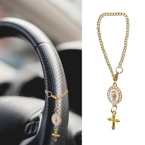 Steering Wheel Rosary Charm Accessory, Catholic Rosary Hanging Pendant, Cross for Car, Steering Wheel Accessory with Virgin Mary Charm and Crucifix, Christian Gifts (Gold) - color: A