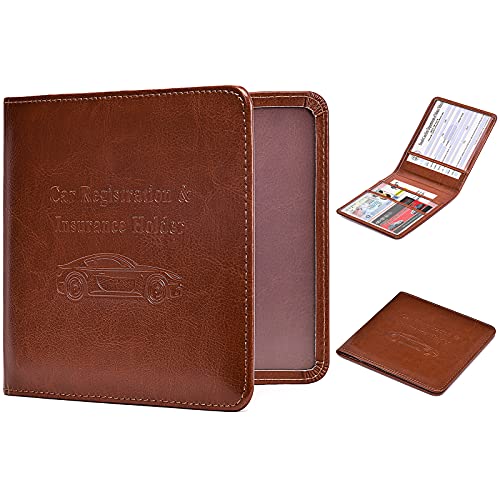 HerriaT Car Registration and Insurance Card Holder - Leather Vehicle Glove Box Automobile Documents Paperwork Wallet Case Organizer for ID, Driver's License, Key Contact Information Cards - Men&Women - color: compact brown