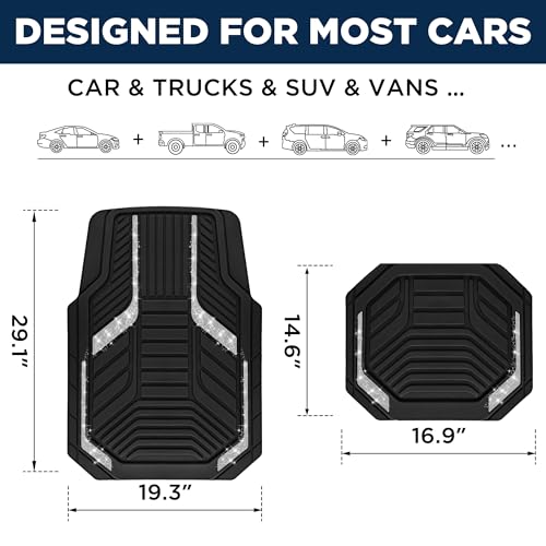 PIC AUTO Car Floor Mats, Silver Sparkly Crystal Bling Glitter Car Mats Set, Front and Rear Heavy Duty Rubber Car Mats with Anti-Slip Backing, All Weather, Trim-to-Fit for SUVs, Trucks, Sedan, Vans - color: Sliver Glitter
