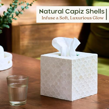 CHI AN HOME 5.5” Capiz Tissue Box Cover, Square Decorative Tissue Holder with Bottom Slider, Handmade Bathroom Accessories, Elegant White Cube for Vanity, Bedroom, Office & Coastal Décor (Natural) - size: Square