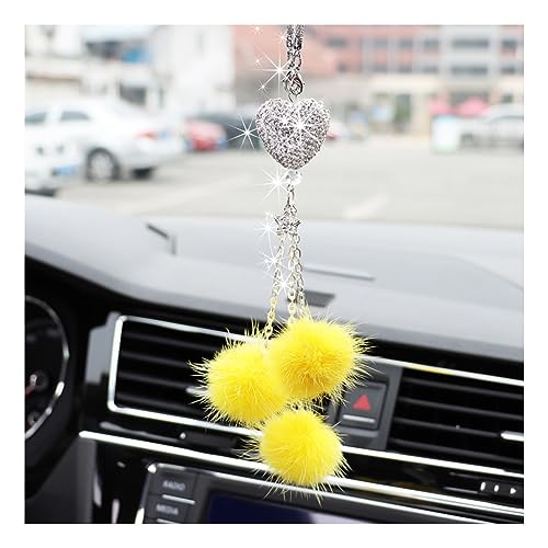 Ziciner Bling Diamond Heart Car Interior Accessories, Heart & Pink Plush Ball Decor Ornament Pendant, Hanging Decoration Charm (Yellow) - color: Yellow