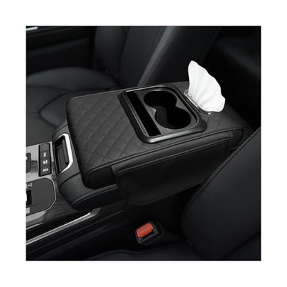 Car Center Console Armrest Pillow, Multifunctional Armrest Box Cover with Cup Phone Tissue Holder & Side Pockets, Waterproof Leather Middle Console Cushion for Most Vehicles (Black, Embroidered) - color: Black, size: Embroidered