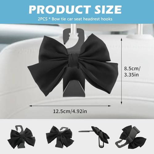 2Pcs Bow Car Headrest Hooks, Durable PVC Seat Back Organizer Hooks, Car Interior Decor Accessories, Multi‑Use for Bags and Umbrella, Universal for Cars, SUV, Truck (Black)