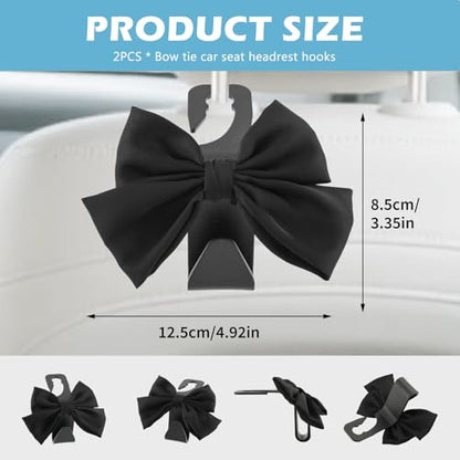 2Pcs Bow Car Headrest Hooks, Durable PVC Seat Back Organizer Hooks, Car Interior Decor Accessories, Multi‑Use for Bags and Umbrella, Universal for Cars, SUV, Truck (Black)