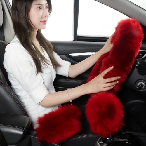 Fuzzy Genuine Sheepskin Steering Wheel Cover Set for Women Parents-Fluffy Soft Australian Merino Wool Wrap with Gear Shift and Hand Brake Covers, Cozy Stylish Luxury Car Accessories (Red) - color: Red
