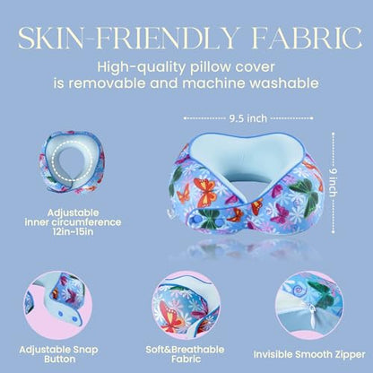 SKYTRAX® Certified Kids Safe Memory Foam Travel Neck Pillows for Kids and Toddlers Cute Cartoon Design, Car Seat & Airplane Head Neck Support, Adjustable Snap Buttons Washable Soft Cover (Butterfly) - color: Butterfly