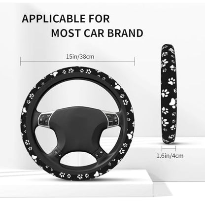 Black and White Dog Cat Paw Print Steering Wheel Cover for Women Men with 2 Pcs Car Coasters, 15 Inches Neoprene Anti-Slip Cute Universal Car Accessories Protective Cover for Vehicle - color: Black And White Paw Print