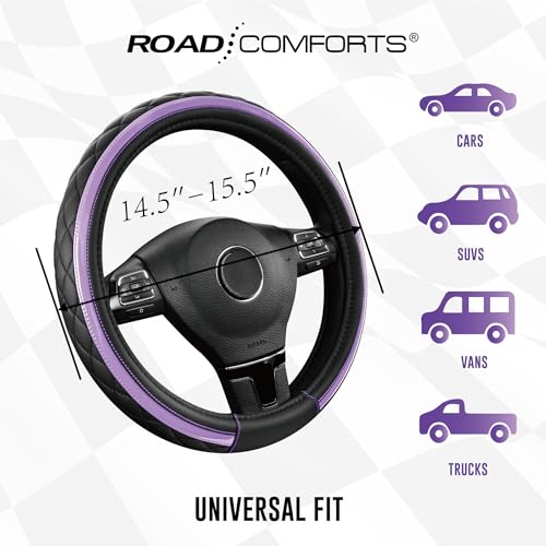 Road Comforts Leather Steering Wheel Cover – Black & Purple, Universal Fit 14.5-15 Inch, Microfiber Leather, Anti-Slip & Breathable Design for Men and Women - color: Purple