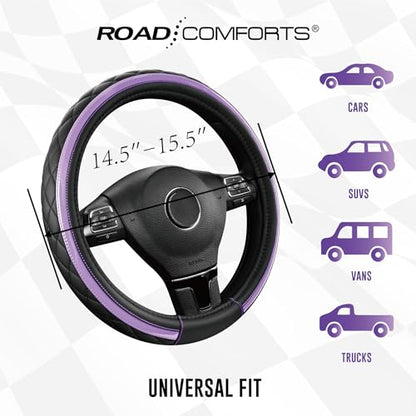 Road Comforts Leather Steering Wheel Cover – Black & Purple, Universal Fit 14.5-15 Inch, Microfiber Leather, Anti-Slip & Breathable Design for Men and Women - color: Purple