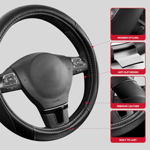 Rubbermaid Steering Wheel Cover – Universal Fit 14.5"–15" Steering Wheel Cover, Anti-Slip Grip, Breathable Leather, All-Season Protection, Interior Upgrade for Cars, Trucks, SUVs - Black - color: Black