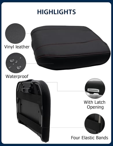 Center Console Cover for Chevy Silverado 1500 Accessories & GMC Sierra 2019-2026, Yukon & Tahoe & Suburban 2021-2026, Bucket Seat Only, Vinyl Armrest Middle Console Cover, Black-Red Stitch - color: Black with red stitching