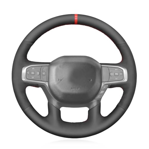 MEWANT DIY Hand Stitch Black Suede Genuine Leather Steering Wheel Cover for Dodge Ram Laramie Big Horn 1500 2019-2021 - color: Black Suede&Genuine Leather&Red Stripe&Red Thread