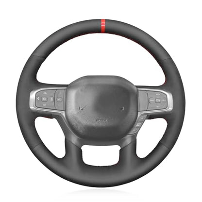 MEWANT DIY Hand Stitch Black Suede Genuine Leather Steering Wheel Cover for Dodge Ram Laramie Big Horn 1500 2019-2021 - color: Black Suede&Genuine Leather&Red Stripe&Red Thread