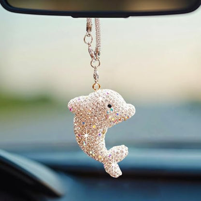 Bling Dolphin Car Hanging Ornament, Cute Crystal Rear View Mirror Pendant, Diamond Rearview Mirror Charms, Lucky Car Interior Decor Accessories (White)