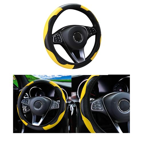 Car Steering Wheel Cover, 15 inch Carbon Fiber Microfiber PU Leather Elastic Steering Wheel Protector for Men Women, Anti-Slip Breathable Car Interior Accessories for Most Cars (Yellow) - color: Yellow