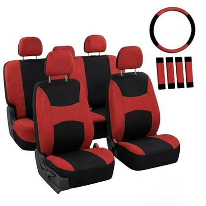 FH Group Car Seat Covers Full Set Cloth, Universal Fit combo, Automotive Covers, Low Back Front Airbag Compatible,Split Bench Rear Seat,Washable Cover for SUV,Sedan,Van Red - color: Red