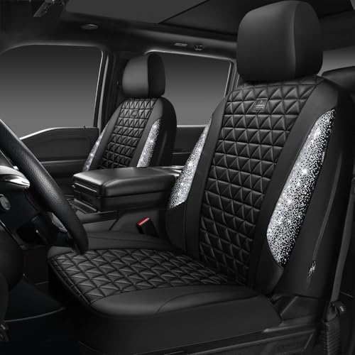 CAR PASS Bling Diamond Leather Car Seat Covers for 2 Front Interior Sets, Waterproof Shining Glitter Sparkly Crystal Universal Armrest Fit Automotive Truck SUV Cute Women Girl, Black Silver Rhinestone - color: Silver Diamond, size: Two Front Seats