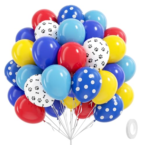 60pcs 12inch Dog Balloons, Royal Blue, Light Blue, Yellow, Red Paw Print for Puppy Dog Paw Birthday Party Decorations - color: Dog Paw
