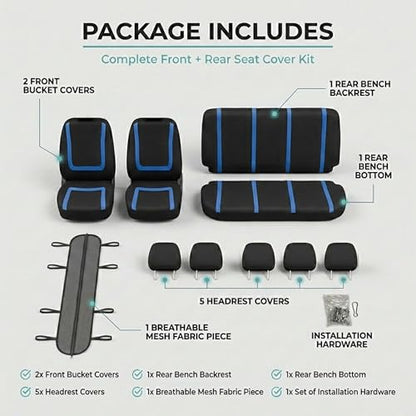 FH Group Car Seat Covers Unique Flat Cloth Full Set Automotive Seat Covers Front Set and Rear Solid Bench Blue Black Seat Covers w. Gift Universal Fit Interior Accessories for Cars Trucks and SUVs - color: Blue