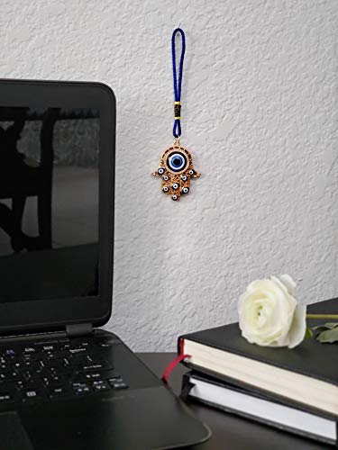 LUCKBOOSTIUM Hamsa Hand Amulet Pendant with Blue, White & Black Crystal Rhinestones & Evil Eye - Car Hanging Ornament, Rearview Mirror Accessories, Evil Eye Protection, Bag Charm, Gold Tassel - color: Gold Finish & Matching Tassel