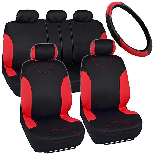 BDK Simply Covered – Accent Car Seat Covers & Steering Wheel Cover – Polyester Comfort Cloth (Red)