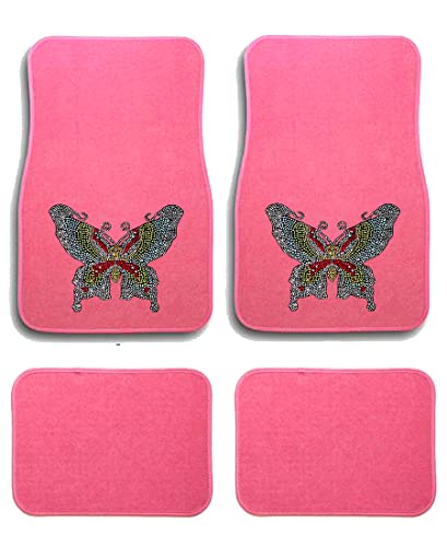 Universal Fit Front/Rear 4-Piece Full Set Crystal Bling Rhinestone Design Studded Carpet Car SUV Truck Pink Floor Mats - 4 Pcs Set (Swallowtail-Pink) - color: Swallowtail-Pink