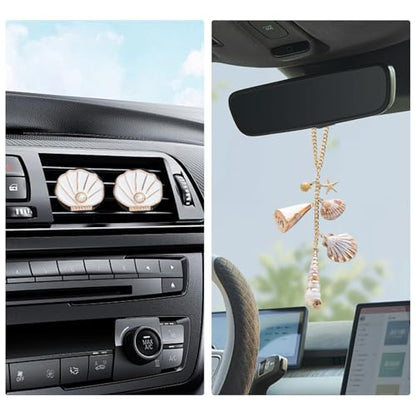 3pcs Sea Shells Car Decor Set Handmade Coastal Rear View Mirror Hanging Accessory and Air Vent Clips Set Cute Beach Themed Car Interior Decorations Ocean Themed Cute Car Charms for Women