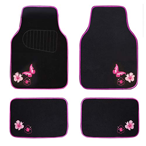 CAR PASS Embroidery Butterfly and Flower Car Floor Mats, Pink Car Floor Mats Universal Fit 95% Automotive,SUVS,Sedan,Vans,for Cute Women,Girly,Set of 4 (Black with Pink) - color: Pink Butterfly and Flower