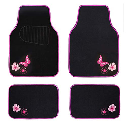 CAR PASS Embroidery Butterfly and Flower Car Floor Mats, Pink Car Floor Mats Universal Fit 95% Automotive,SUVS,Sedan,Vans,for Cute Women,Girly,Set of 4 (Black with Pink) - color: Pink Butterfly and Flower