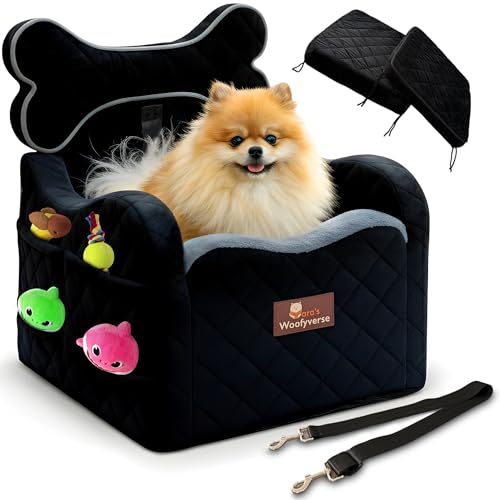 Yara’s Woofyverse Dog Car Seat for Small & Medium Dogs - Premium Booster, Fur-Lined Headrest, Adjustable Cushions & 6-Pocket Storage - Portable Pet Seat for Front/Back Travel - Midnight Ash